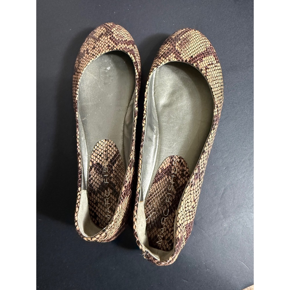 Marc Fisher Snakeskin Print Ballet Flats Brown Tan Round Toe Slip On Shoes 5.5M